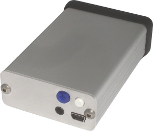XM5 Portable Headphone Amp, rear, with variable crossfeed adjuster, source selector, power jack, and USB port